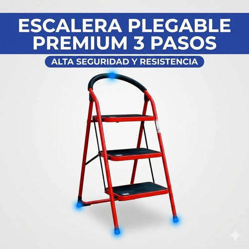 Escalera De 3 Escalones Antideslizante Plegable Metal Roja Rojo
