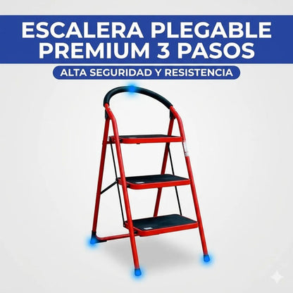 Escalera De 3 Escalones Antideslizante Plegable Metal Roja Rojo