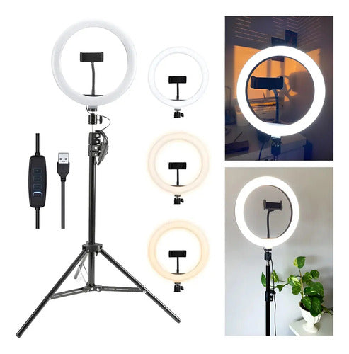 Aro De Luz Anillo Led 26 Cm Con Trípode 2 Mts Selfie Flash Blanco 26cm