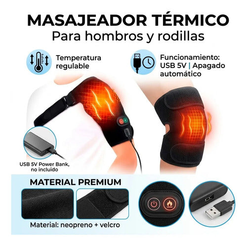 Masajeador Termico Hombrera Rodilla Calor Vibracion Usb Negro