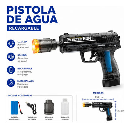 Pistola De Agua Recargable Led Sonido Eléctrica Accesorios Negro Transparente.