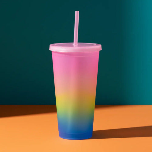 Vaso Acrílico Multicolor 450ml Con Sorbito Y Tapa Bebida Multicolor