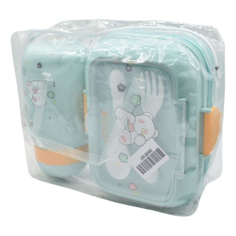 Lonchera Vianda Con Vaso Y Cubiertos De Plastico Para Niños