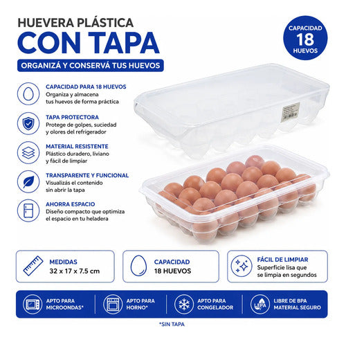 Huevera Portahuevos Plástico 18 Huevos Unidades Tapa 32x17cm Transparente
