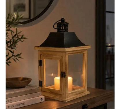 Farol Decorativo Rústico Portavelas Madera Metal 30x15x15cm Madera Natural Con Negro
