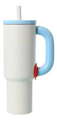 Vaso Termico 1.2l Acero Manija Sorbito Tapa 4 Color Botella Blanco Con Celeste Moderno Con Manija Y Sorbito