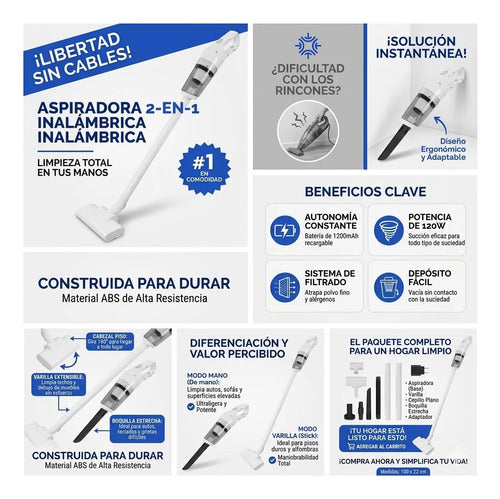 Aspiradora Inalambrica 2 En 1 Mano Varilla 1200mah Portatil Blanco