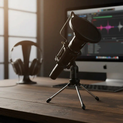 Microfono Estudio Pc Filtro Antipop Tripode Streaming Voz Negro