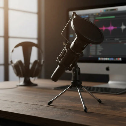 Microfono Estudio Pc Filtro Antipop Tripode Streaming Voz Negro