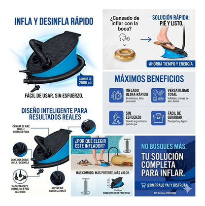 Inflador Pie Manual Colchonetas Inflables Piletas Camping 28 Azul Con Negro