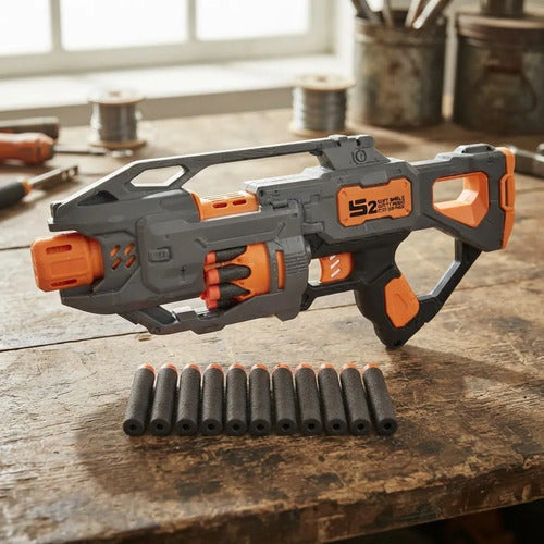 Pistola Lanzadora Espuma 20 Dardos Vibración Pilas 45cm Gris Negro Y Naranja