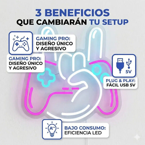 Letrero Cartel Neon Luminoso Gamer Mano Con Gamepad Usb Dimm Blanco