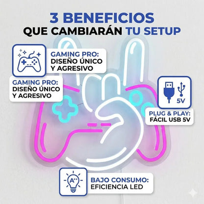 Letrero Cartel Neon Luminoso Gamer Mano Con Gamepad Usb Dimm Blanco
