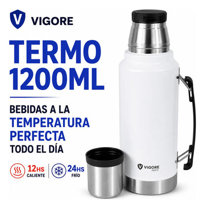 Termo Hermético Inoxidable Asa Plegable 1200ml Doble Pared Blanco