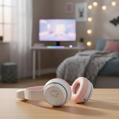 Auricular Orejas Gato Vincha Bluetooth Tf Micrófono Infantil Blanco