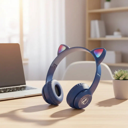 Auricular Orejas Gato Vincha Bluetooth Tf Micrófono Infantil Azul