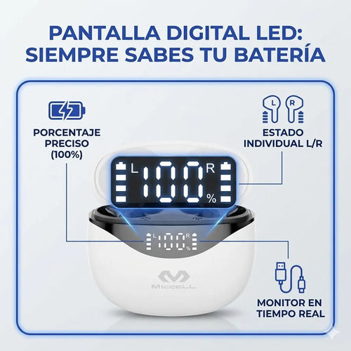 Auriculares Inalambricos Bluetooth Pantalla Led Ios Android Blanco
