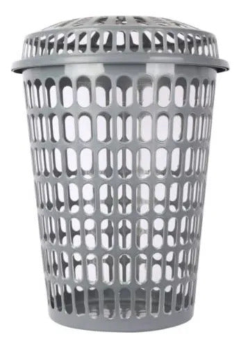 Canasto Cesto Ropa Tapa Plástico Calado Redondo Resistente Gris