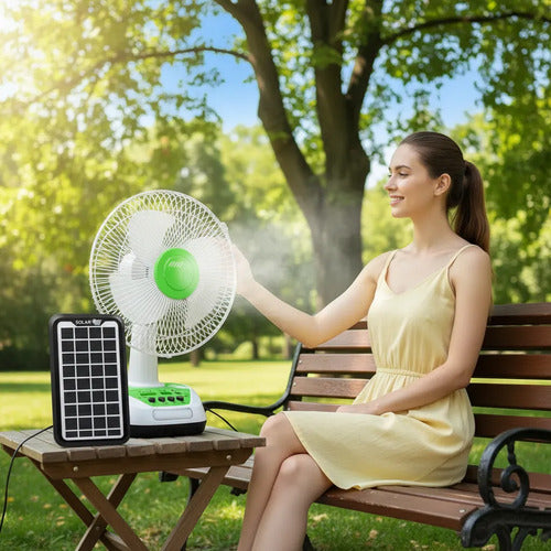 Ventilador Panel Solar Inalambrico Recargable Usb Focos 12  Blanco Con Verde