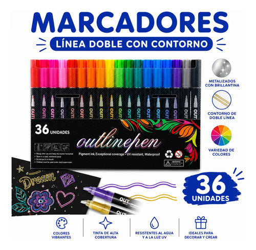 Set X36 Marcador Doble Trazo Contorno Metalizado Brillantina Aleatorio