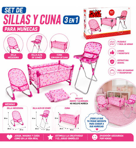 Set 3 En 1 Cuna Silla Alta Mecedora Para Muñecas Plegable Rojo