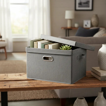Caja Organizadora Plegable Tela Con Asas Tapa 38x25x25cm Gris