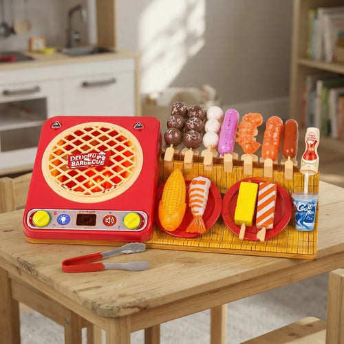 Set Parrilla Infantil De Juguete Luz Sonido Con Accesorios Rojo