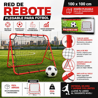 Red De Rebote Fútbol Plegable Entrenamiento 100x100cm Rojo