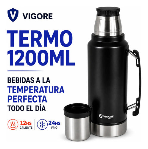 Termo Acero Inoxidable Doble 1200ml Hermético Asa Plegable Negro