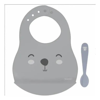 Set Kit Infantil Babero Cuchara Bebé Pack X2 Piezas Gris Animales Unico