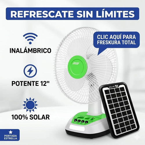 Ventilador Panel Solar Inalambrico Recargable Usb Focos 12  Blanco Con Verde