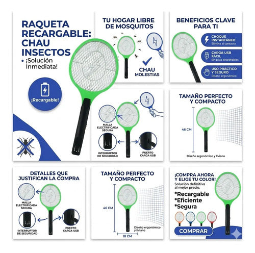 Raqueta Mata Mosquitos Electrica Recargable Insectos 46x18
