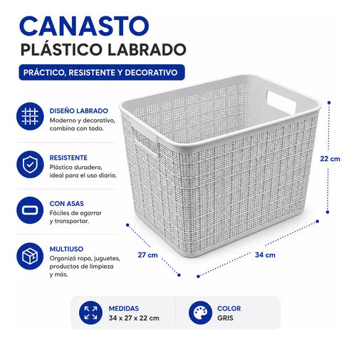 Canasto Cesta Plastico Labrado 34x27x22cm Organizador Ropa Gris