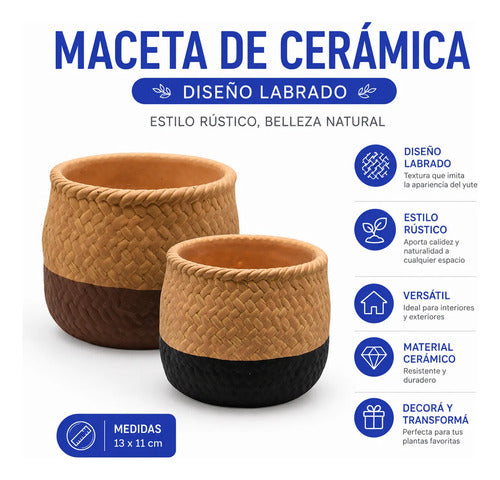 Maceta Cerámica Decorativa Labrada Diseño Yute 13cm Rústica Beige Con Negro