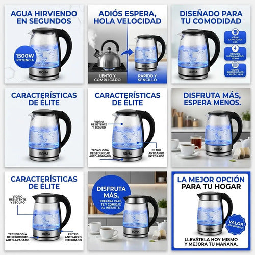 Jarra Pava Electrica Vidrio 2.2l Luz Led Medidor Agua 1500w Transparente