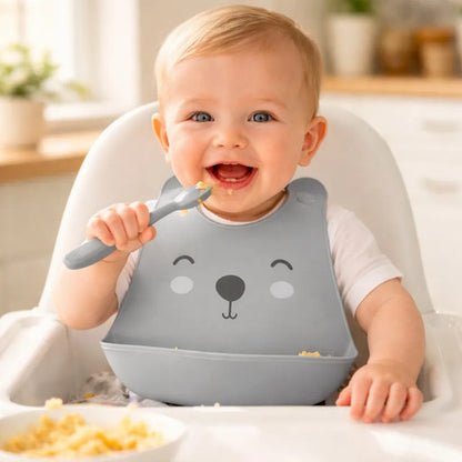 Set Kit Infantil Babero Cuchara Bebé Pack X2 Piezas Gris Animales Unico