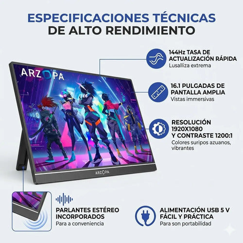 Monitor Portatil Gamer 16.1 Pulgadas 144hz Full Hd 1080p Negro