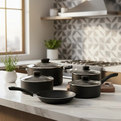 Equipo Cocina Siete Pieza Olla Cacerola Sarten Bateria Negro