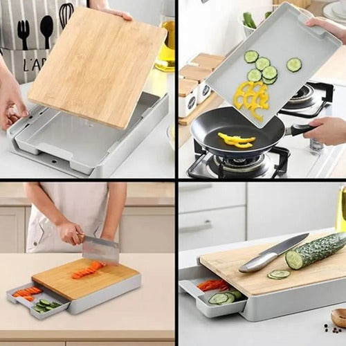 Tabla Para Picar De Madera Bambu Con Cajon Deslizante Cocina Tabla De Picar Marrón