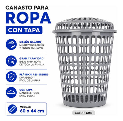 Canasto Cesto Ropa Tapa Plástico Calado Redondo Resistente Gris