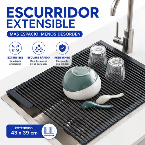 Escurridor Extensible Rejilla Bacha Plástico Liviano Vajilla Negro