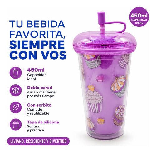 Vaso Acrílico Doble Pared Tapa Silicona Sorbito 450ml Lila Lila