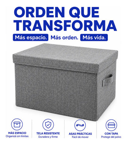 Caja Organizadora Plegable De Tela Con Tapa Y Asa 36x29x17cm Gris
