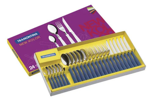 Juego/set De Cubiertos New Kolor X24 Mango Plastico Mesa Azul