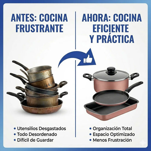 Juego Olla Sarten Diez Pieza Bateria Cocina Hogar Resistente Rosa
