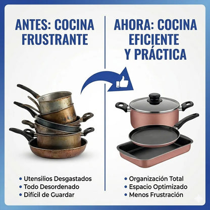 Juego Olla Sarten Diez Pieza Bateria Cocina Hogar Resistente Rosa