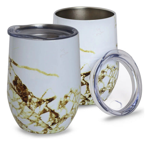 Mate Termico Acero Inoxidable Doble Pared Tapa Presion 320ml Blanco Con Dorado Mármol Blanco Con Vetas Doradas
