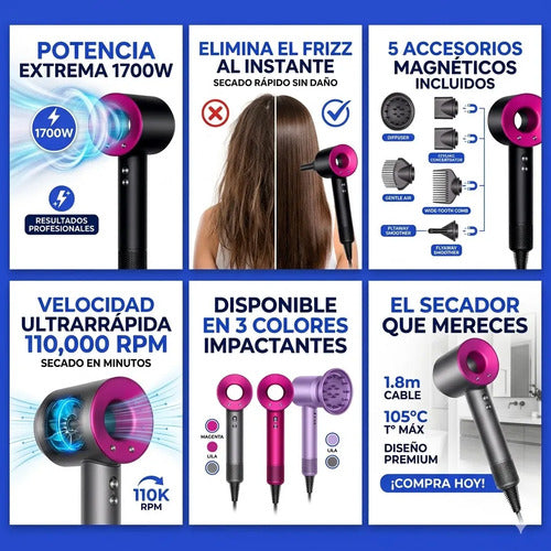 Secador Pelo Supersonic 5 Accesorios Magnetico Profesinal Gris Oscuro