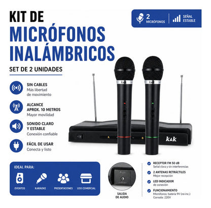 Set Kit De 2 Micrófonos Inalámbricos C/receptor Fm 10m
