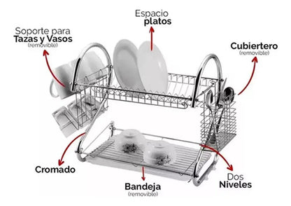 Secador Escurridor Platos Vajillas Cubiertos Vasos 2 Niveles Color Plateado